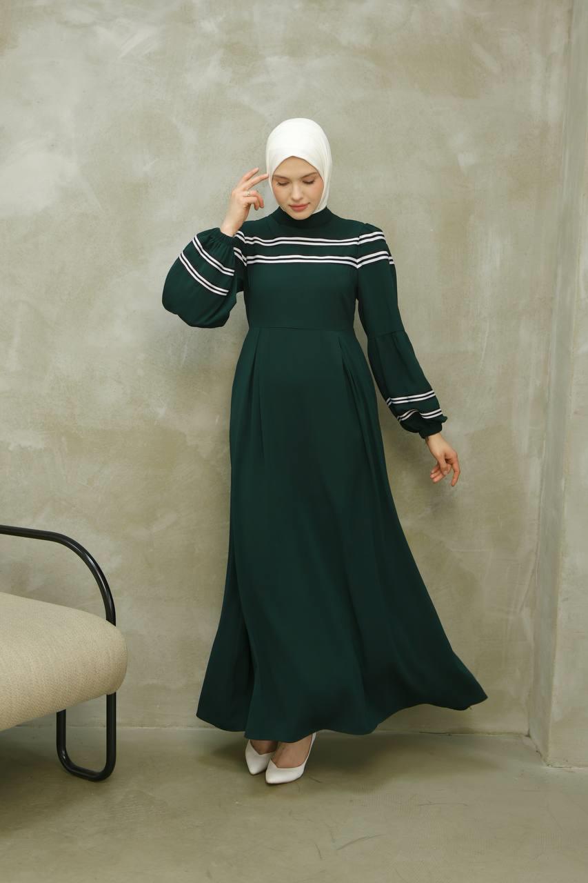7033 Çizgi Detaylı Elbise - Yeşil