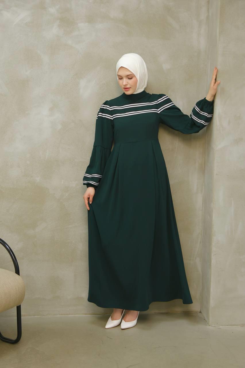 7033 Çizgi Detaylı Elbise - Yeşil