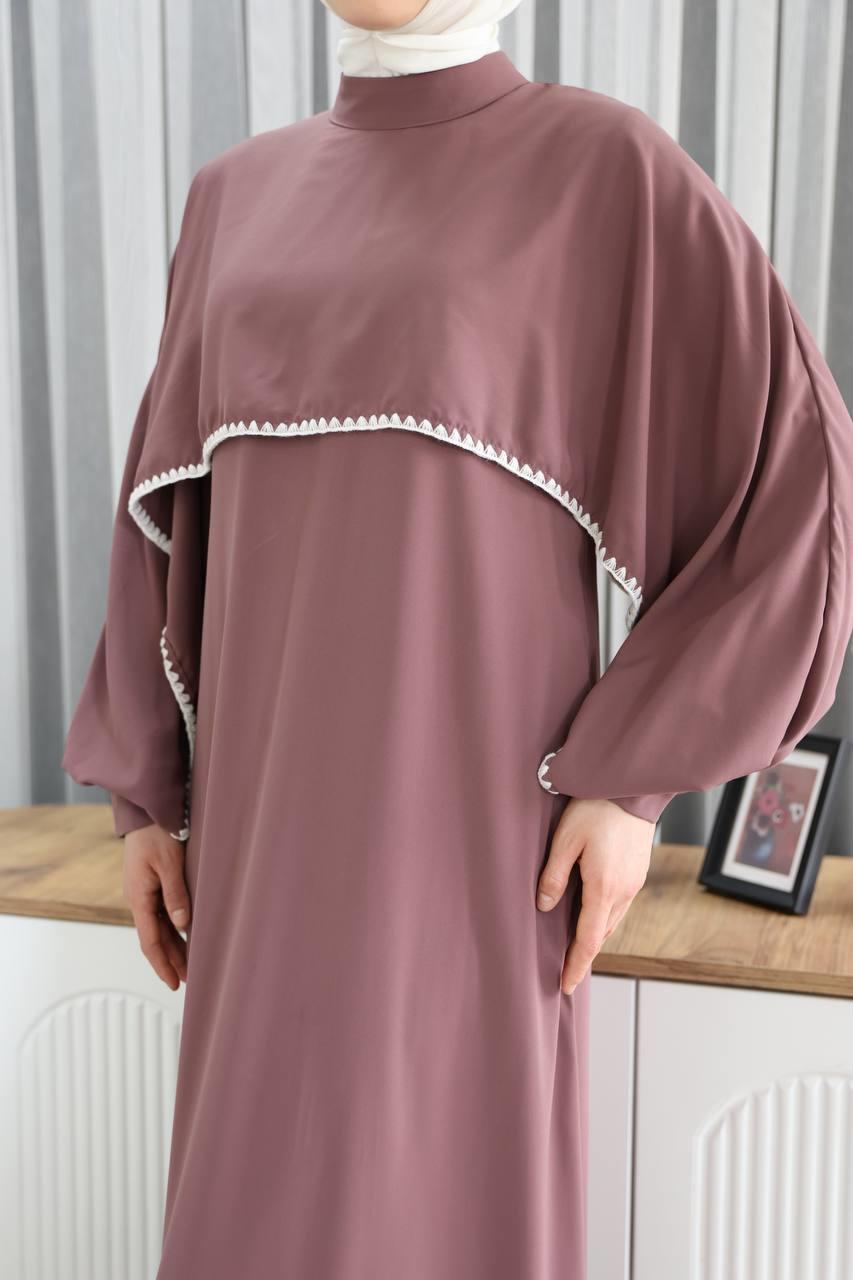 7035 Pelerinli Elbise - Gül kurusu