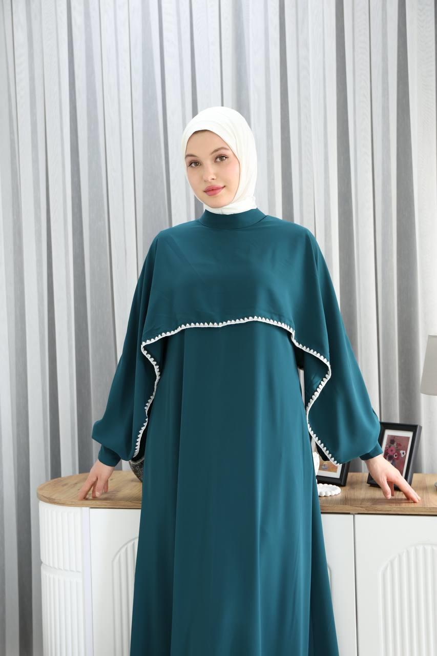 7035 Pelerinli Elbise - Petrol