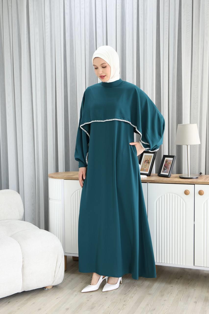 7035 Pelerinli Elbise - Petrol