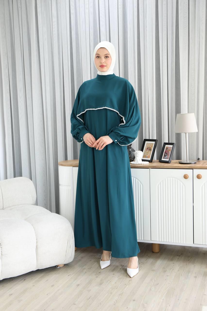 7035 Pelerinli Elbise - Petrol