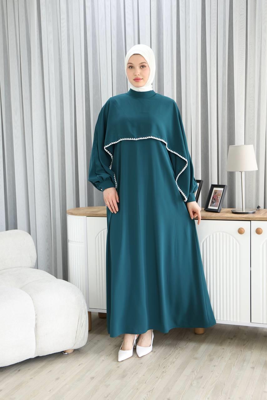 7035 Pelerinli Elbise - Petrol