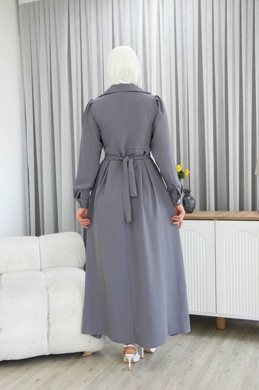 7038Yaka Detaylı Elbise - Gri