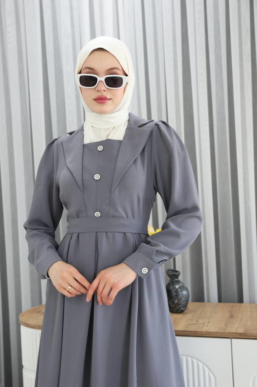 7038Yaka Detaylı Elbise - Gri