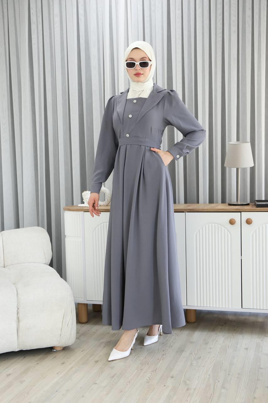 7038Yaka Detaylı Elbise - Gri