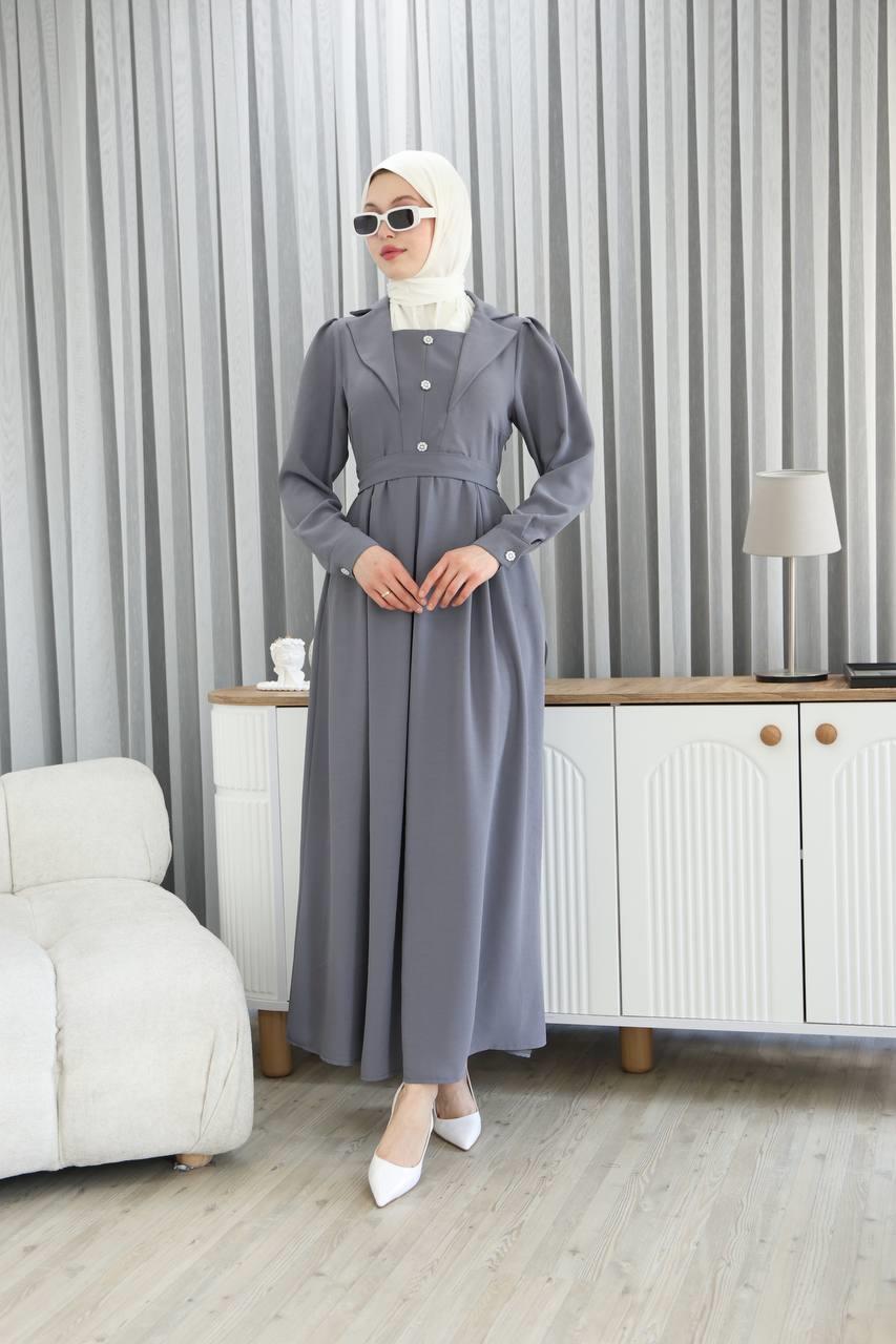 7038Yaka Detaylı Elbise - Gri