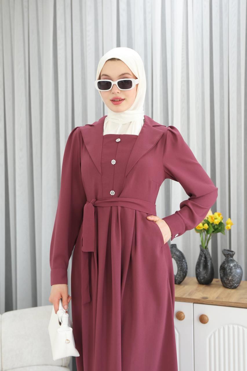 7038Yaka Detaylı Elbise - Gül kurusu