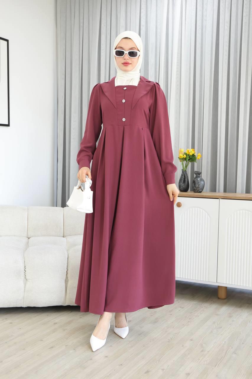 7038Yaka Detaylı Elbise - Gül kurusu