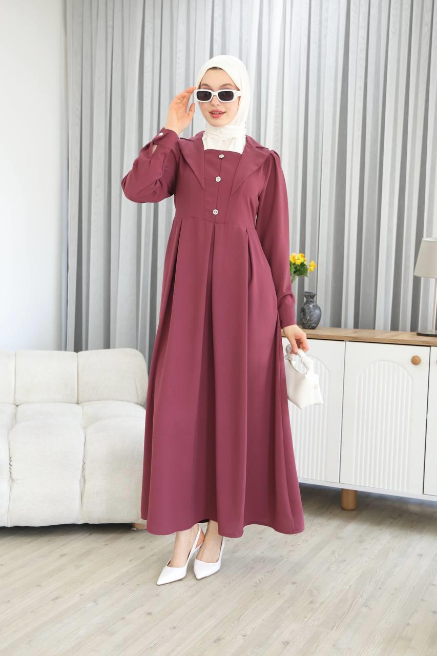 7038Yaka Detaylı Elbise - Gül kurusu