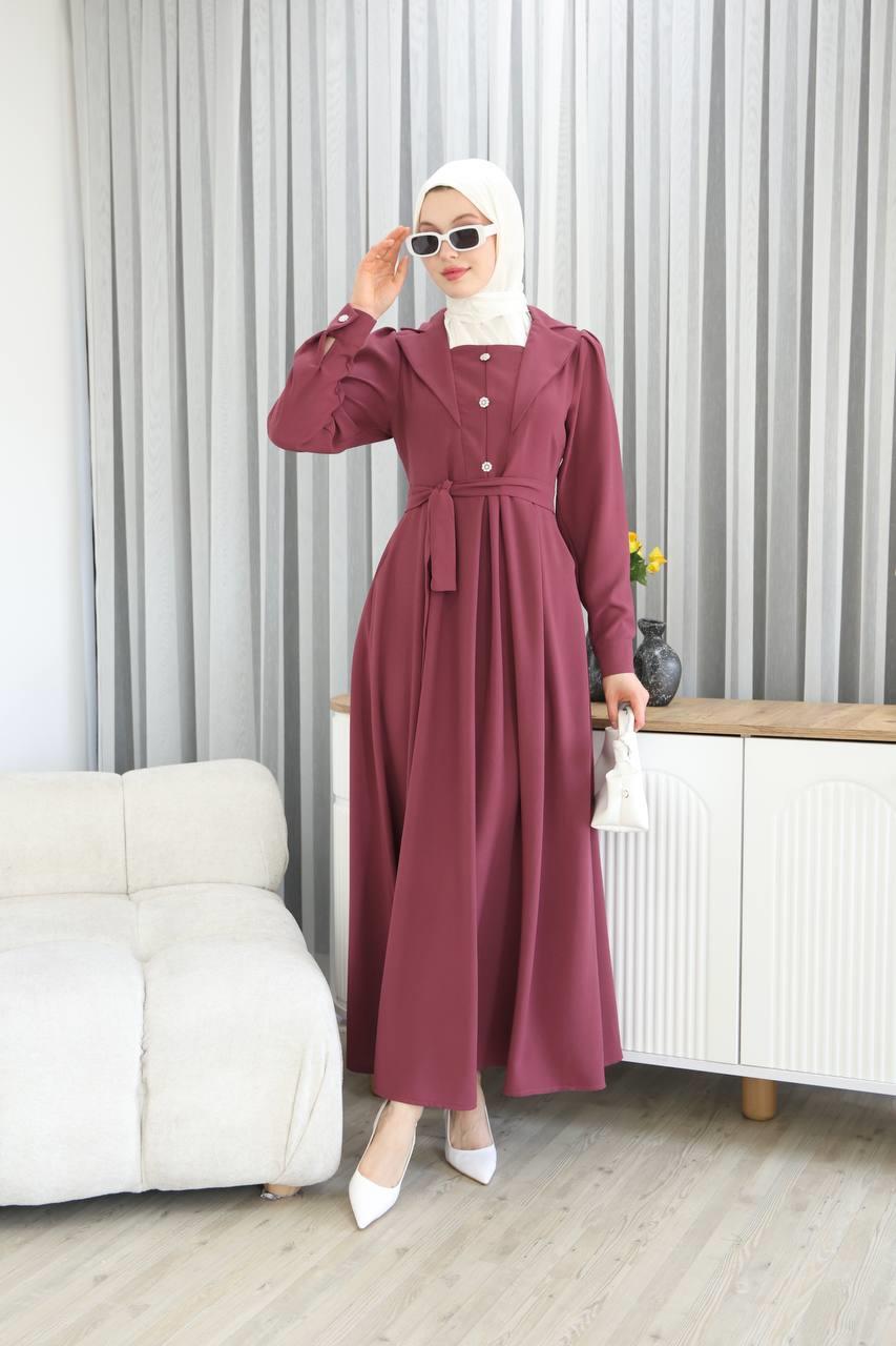 7038Yaka Detaylı Elbise - Gül kurusu
