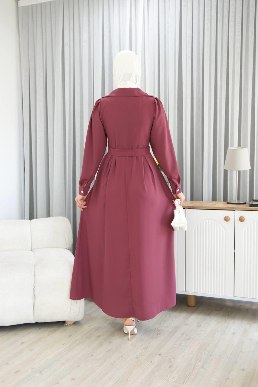 7038Yaka Detaylı Elbise - Gül kurusu