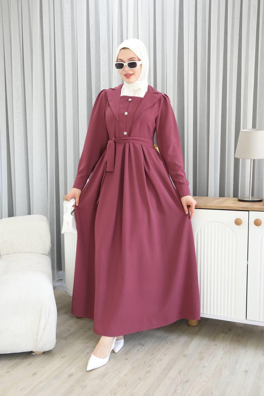 7038Yaka Detaylı Elbise - Gül kurusu
