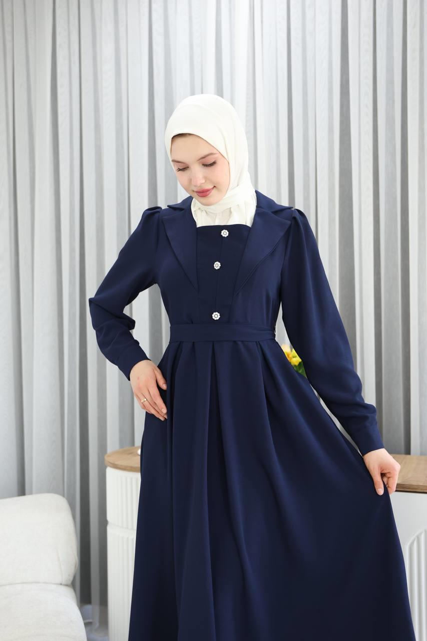 7038Yaka Detaylı Elbise - Lacivert 