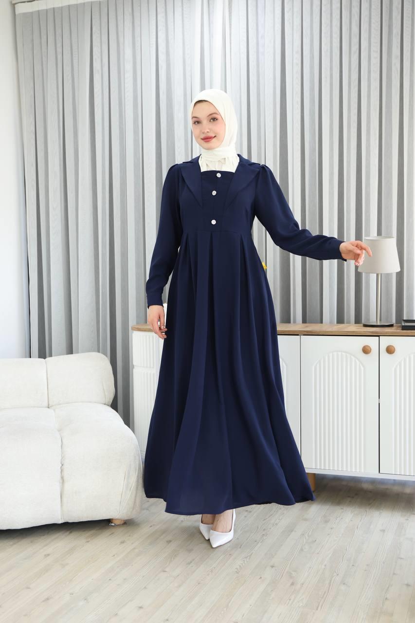 7038Yaka Detaylı Elbise - Lacivert 