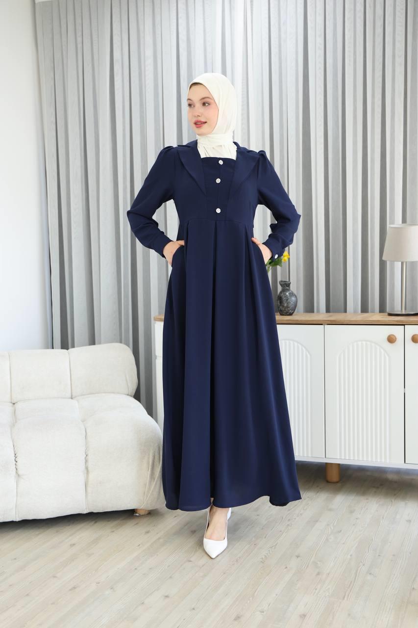7038Yaka Detaylı Elbise - Lacivert 