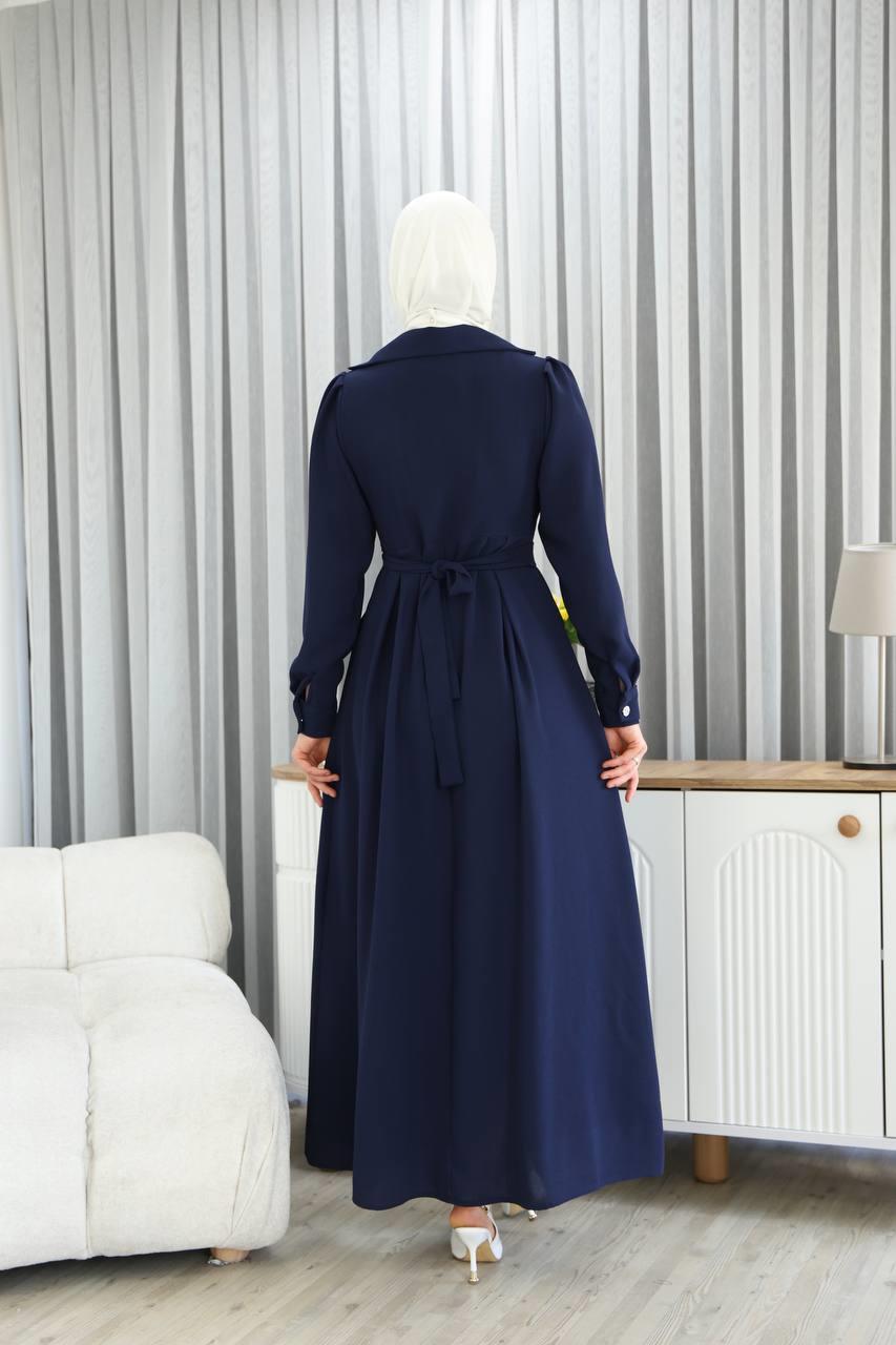 7038Yaka Detaylı Elbise - Lacivert 