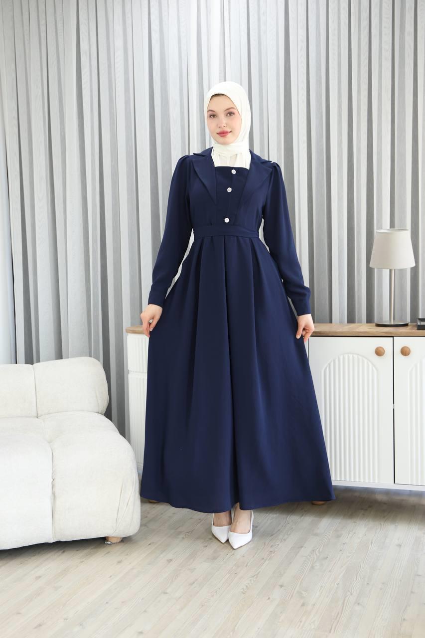 7038Yaka Detaylı Elbise - Lacivert 
