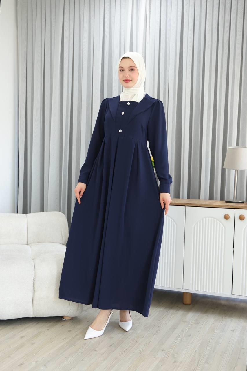 7038Yaka Detaylı Elbise - Lacivert 
