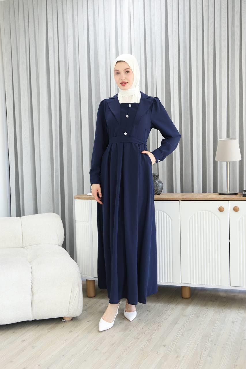 7038Yaka Detaylı Elbise - Lacivert 