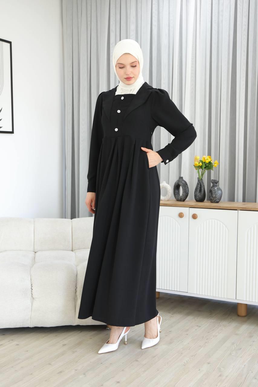 7038Yaka Detaylı Elbise - Siyah