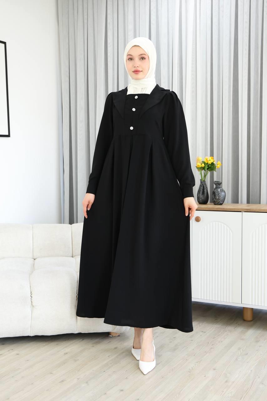 7038Yaka Detaylı Elbise - Siyah
