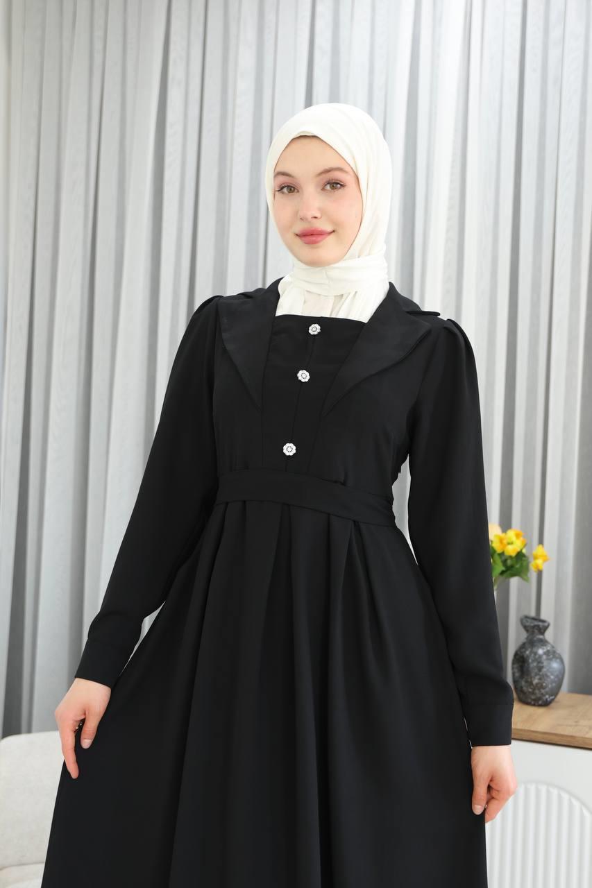 7038Yaka Detaylı Elbise - Siyah