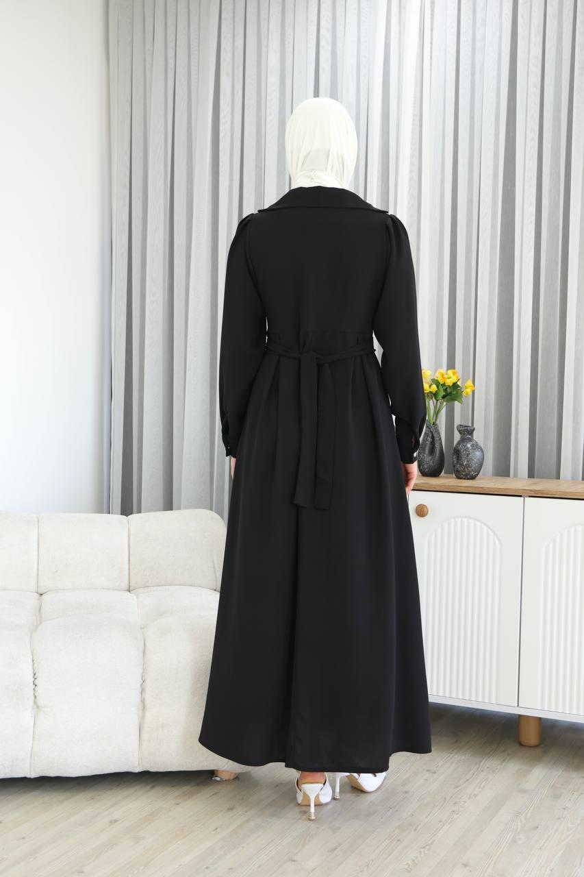 7038Yaka Detaylı Elbise - Siyah