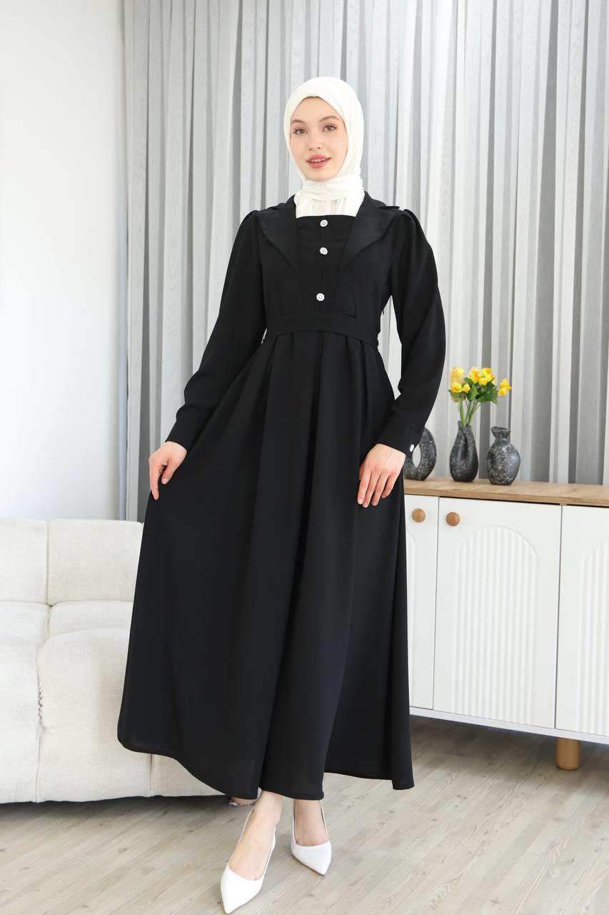 7038Yaka Detaylı Elbise - Siyah