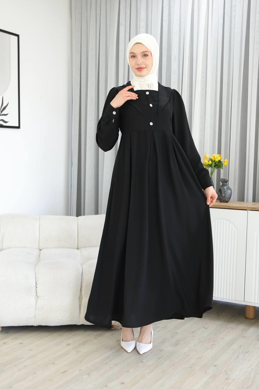 7038Yaka Detaylı Elbise - Siyah