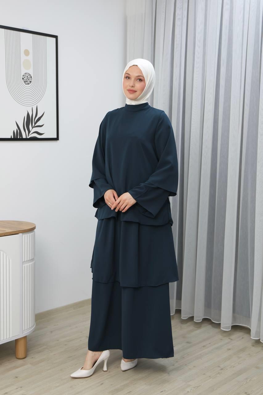 7040 Katlı Detaylı Elbise - Petrol 