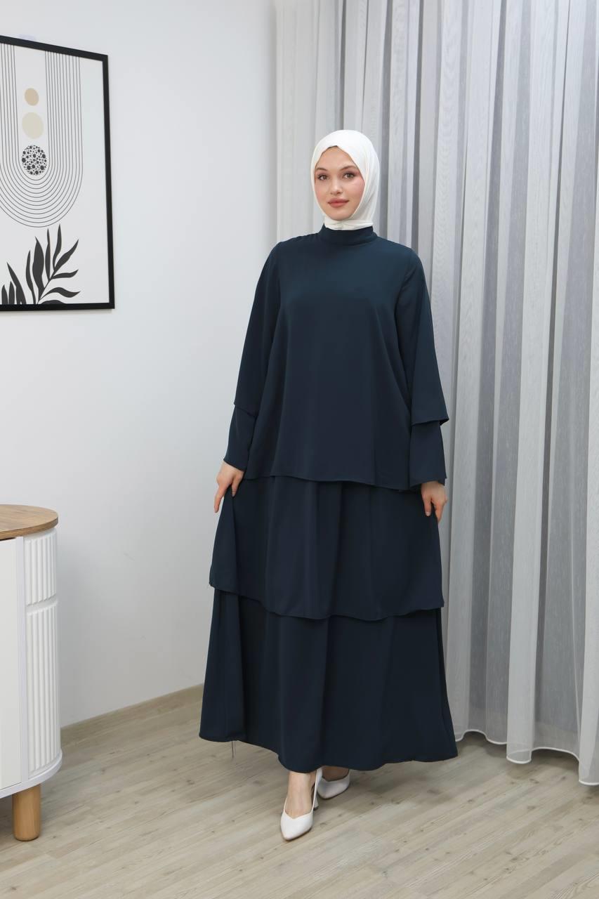7040 Katlı Detaylı Elbise - Petrol 