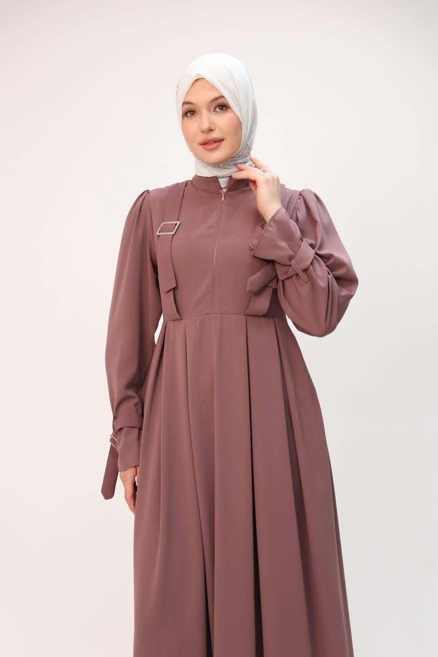 7041 Kuşak Detaylı Elbise - Gül kurusu 