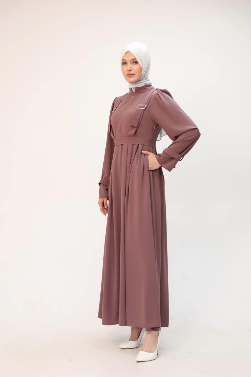 7041 Kuşak Detaylı Elbise - Gül kurusu 