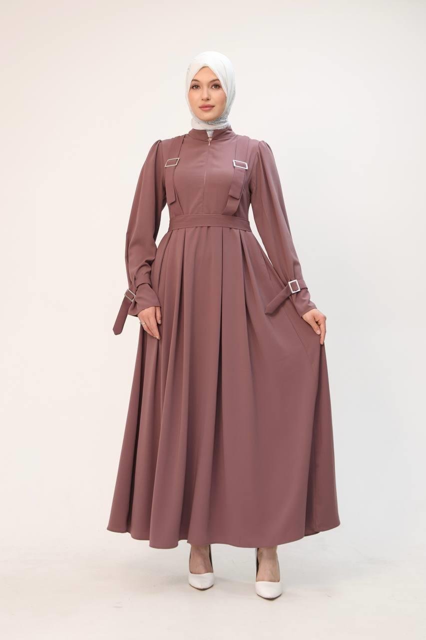 7041 Kuşak Detaylı Elbise - Gül kurusu 