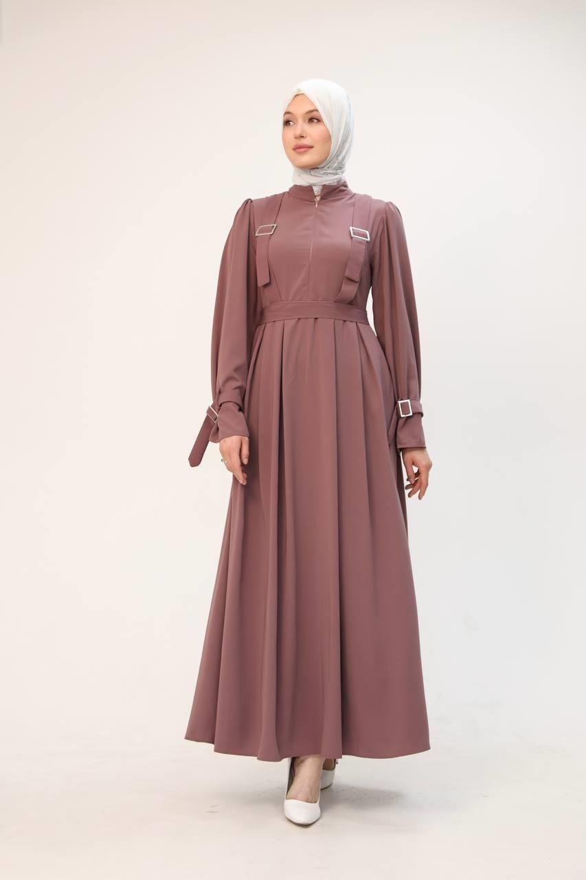 7041 Kuşak Detaylı Elbise - Gül kurusu 