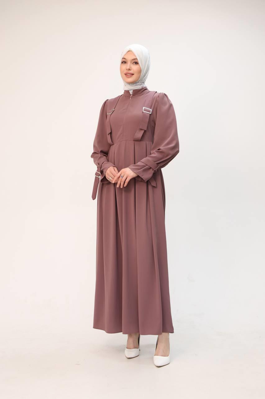 7041 Kuşak Detaylı Elbise - Gül kurusu 