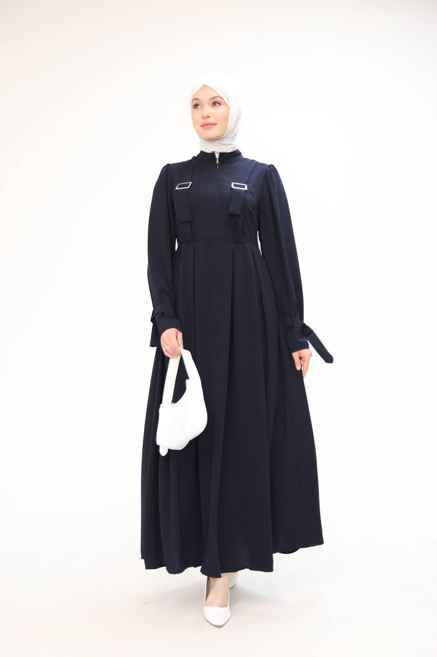 7041 Kuşak Detaylı Elbise - Lacivert 