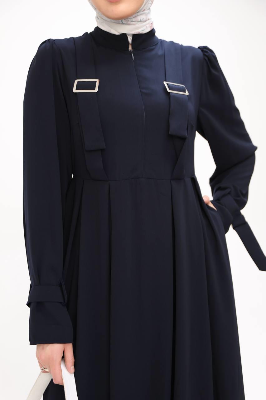 7041 Kuşak Detaylı Elbise - Lacivert 