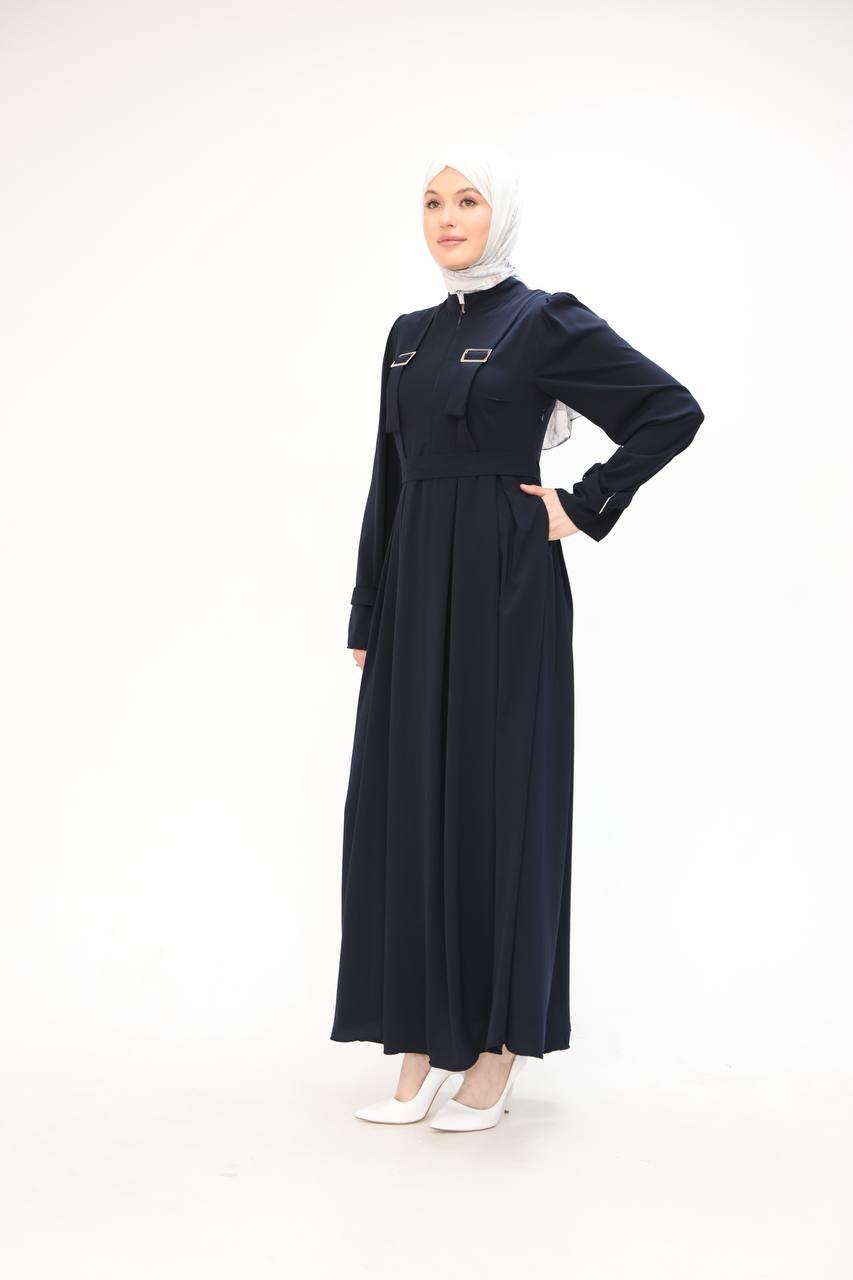 7041 Kuşak Detaylı Elbise - Lacivert 