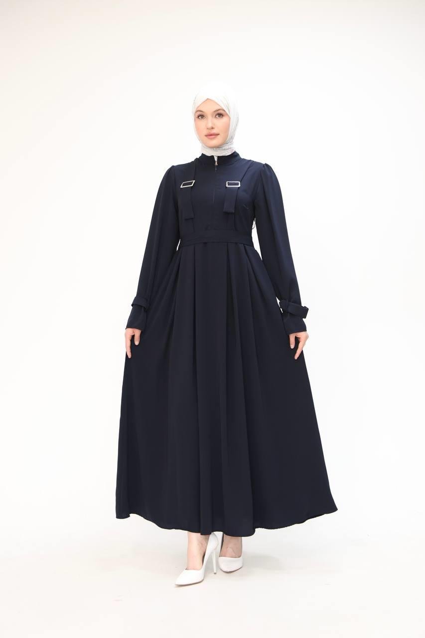 7041 Kuşak Detaylı Elbise - Lacivert 