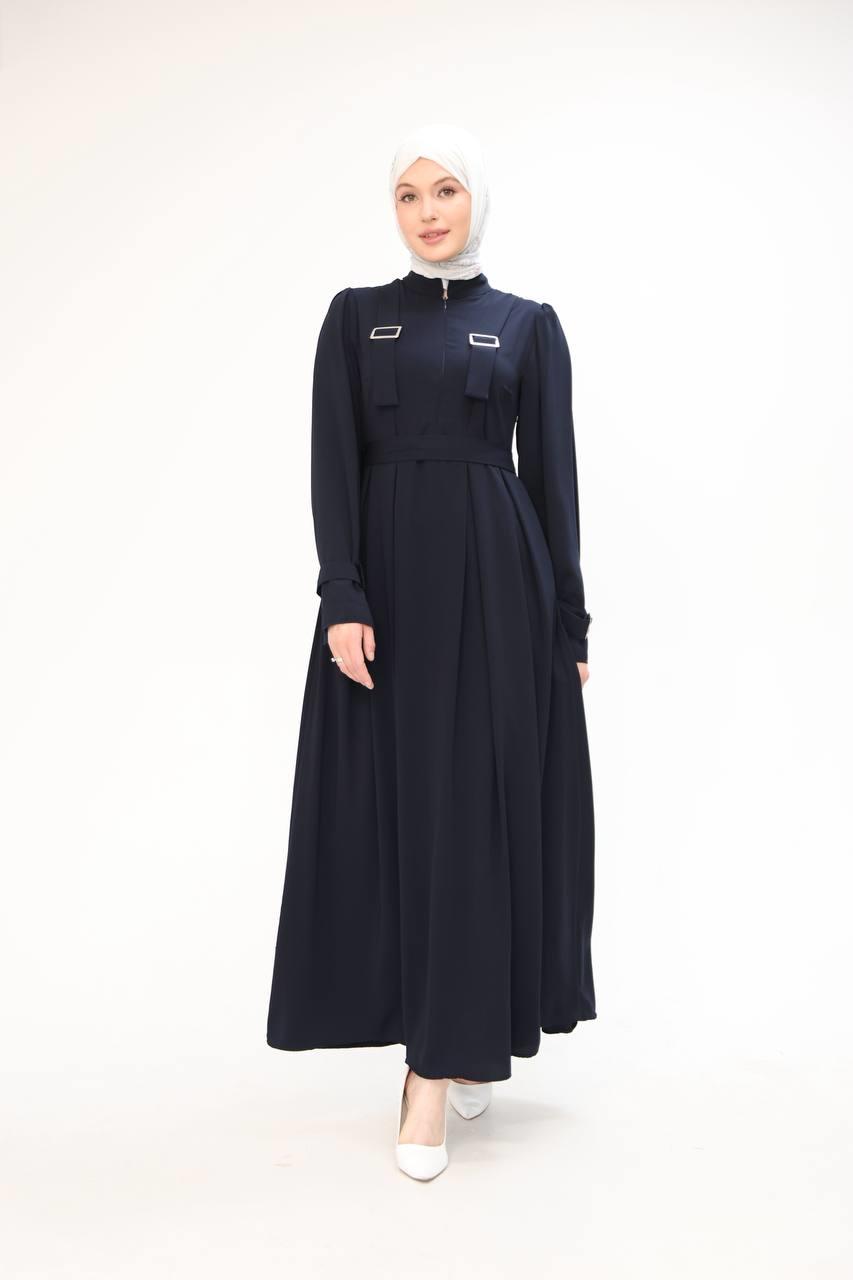 7041 Kuşak Detaylı Elbise - Lacivert 