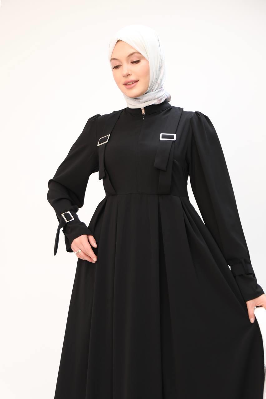 7041 Kuşak Detaylı Elbise - Siyah 