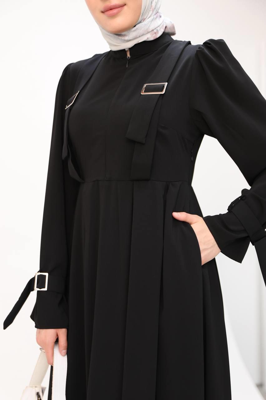 7041 Kuşak Detaylı Elbise - Siyah 