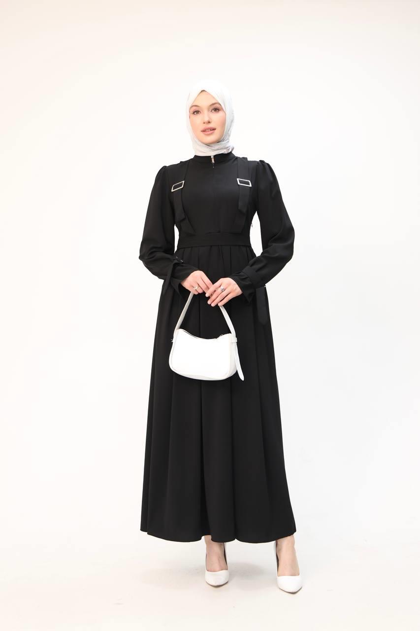 7041 Kuşak Detaylı Elbise - Siyah 