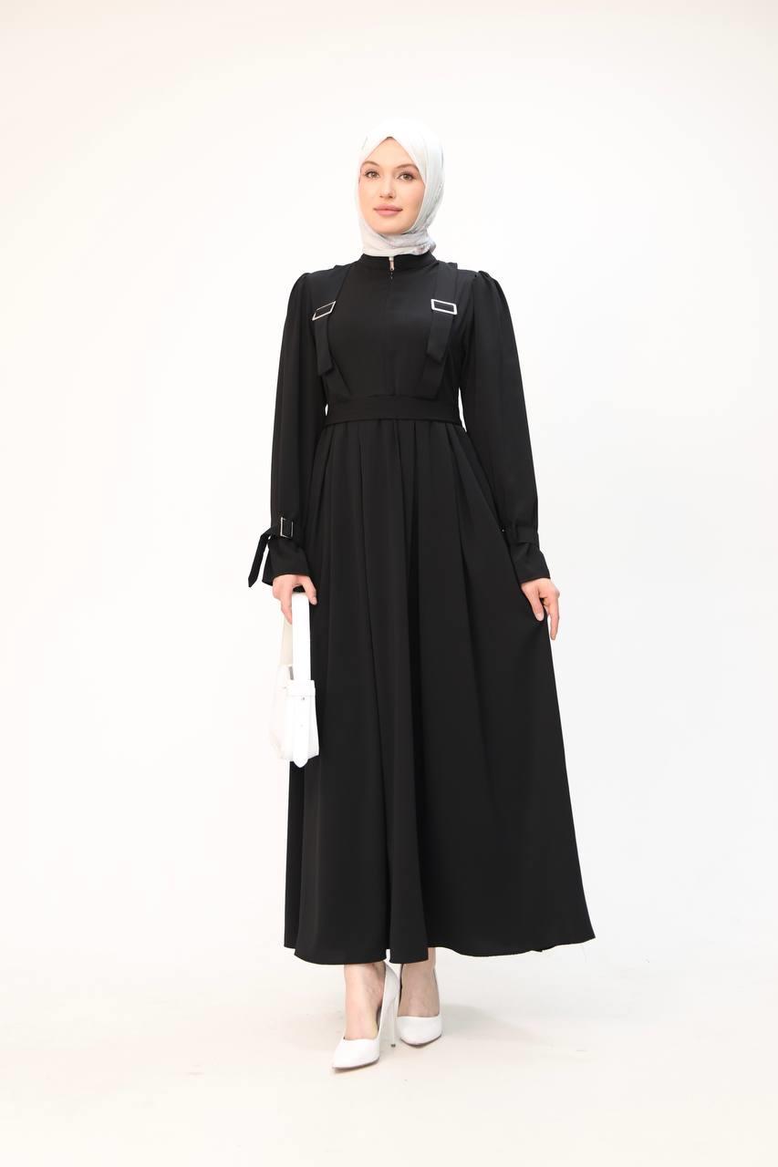 7041 Kuşak Detaylı Elbise - Siyah 