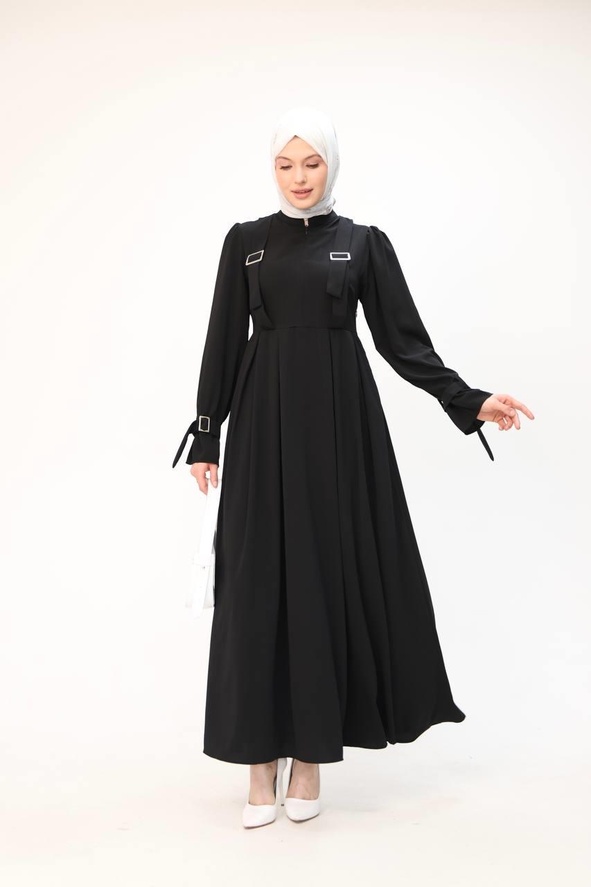 7041 Kuşak Detaylı Elbise - Siyah 
