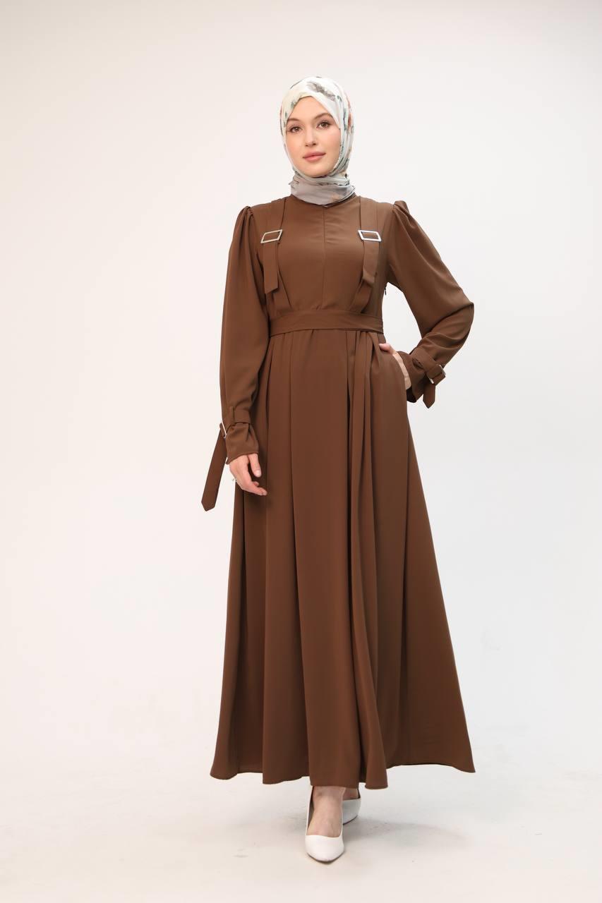 7041 Kuşak Detaylı Elbise - Taba
