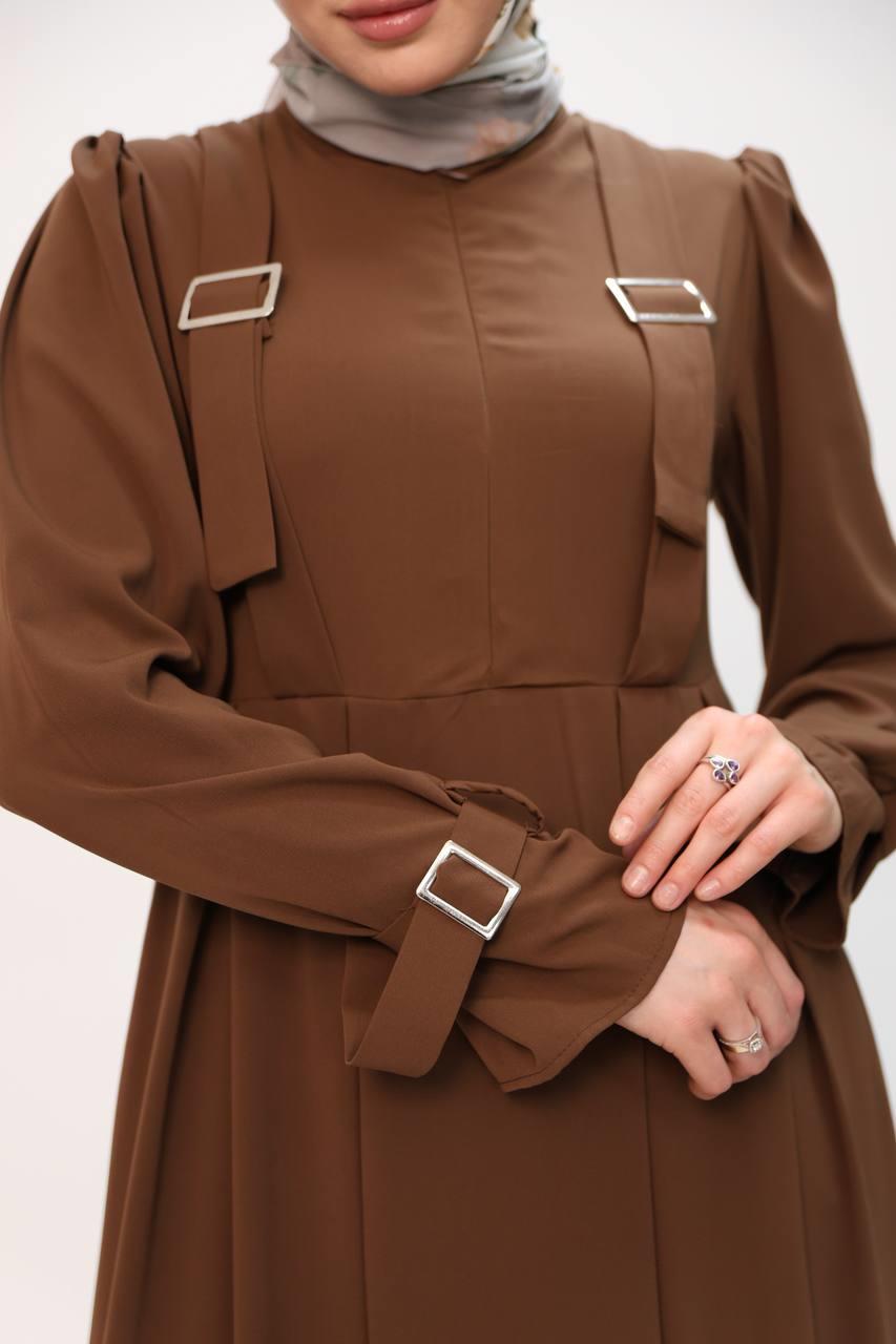 7041 Kuşak Detaylı Elbise - Taba