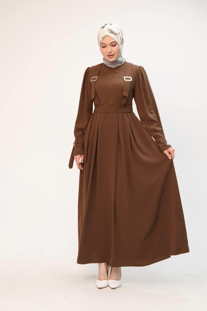 7041 Kuşak Detaylı Elbise - Taba